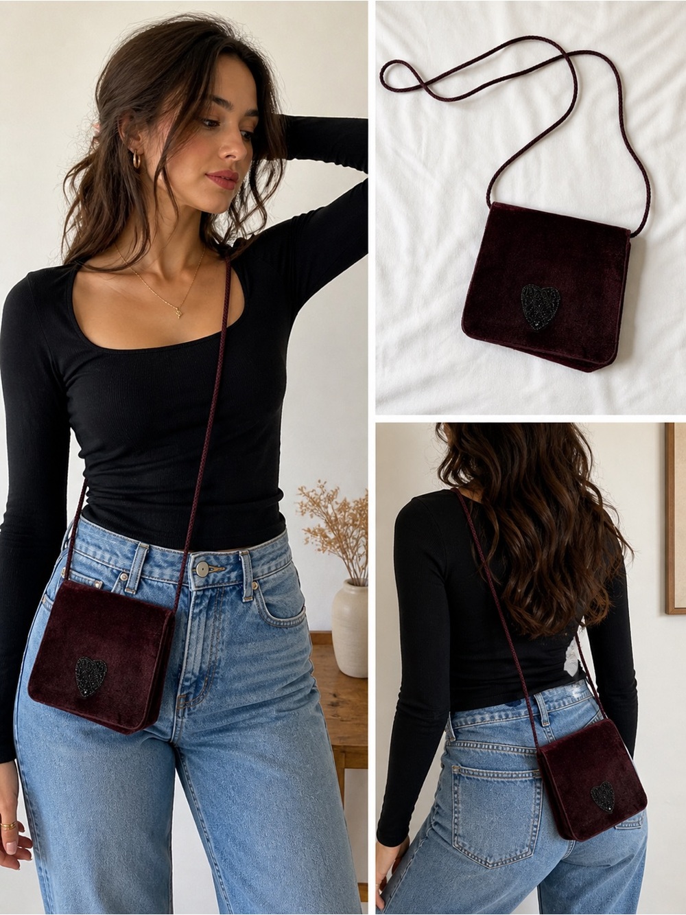 90s Velvet Heart Crossbody Bag in Deep Burgundy - Picture 2 of 2